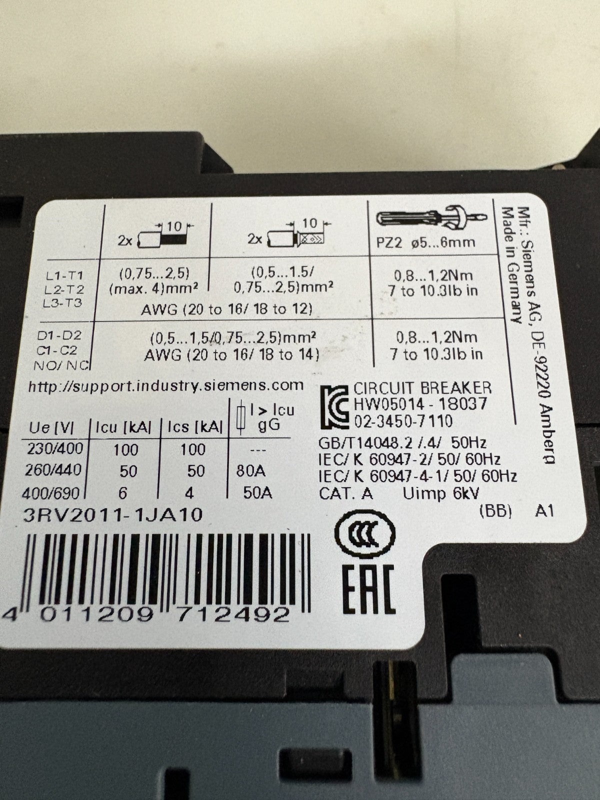 SIEMENS SIRIUS CIRCUIT BREAKER 3RV2011-1JA10