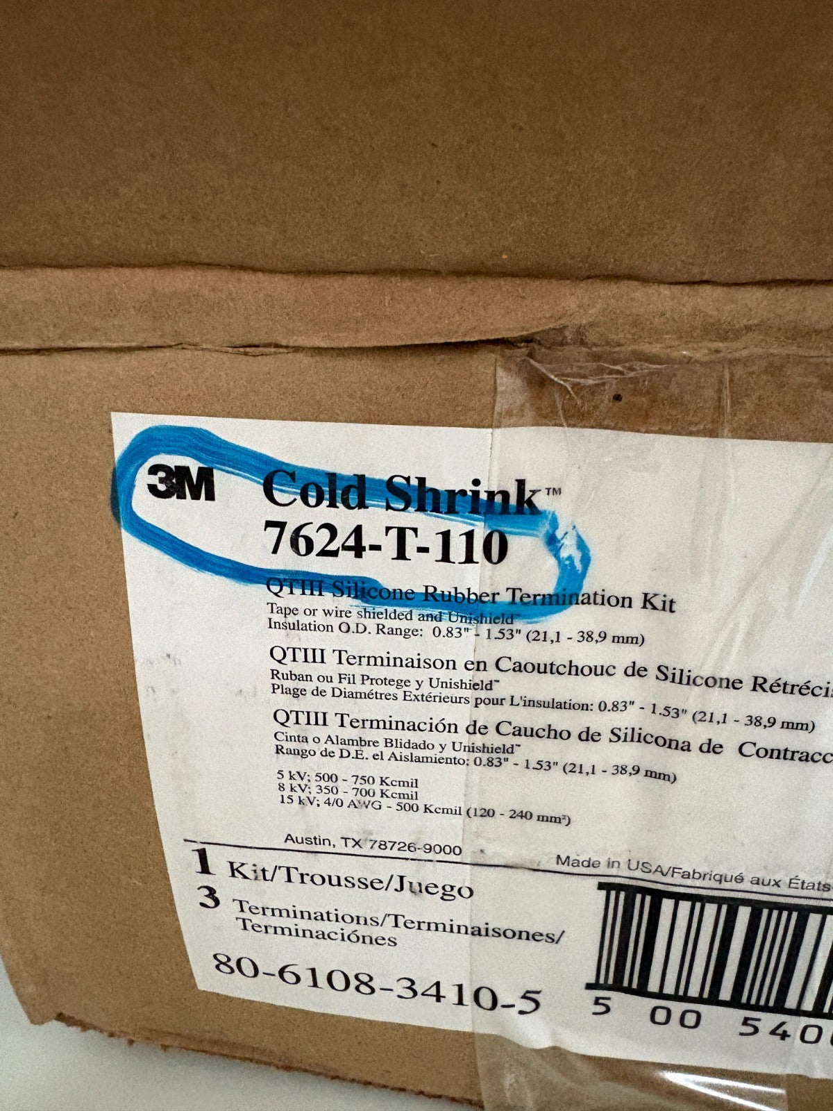 3M COLD SHRINK QT-III TERMINATION KIT 7624-T-1103