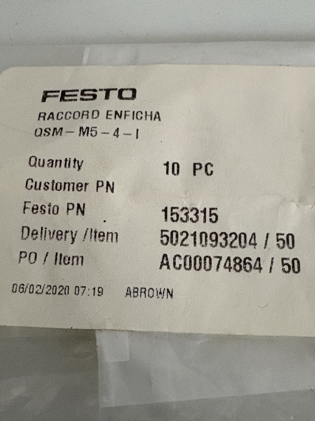 FESTO PUSH IN FITTING BAG OF 10