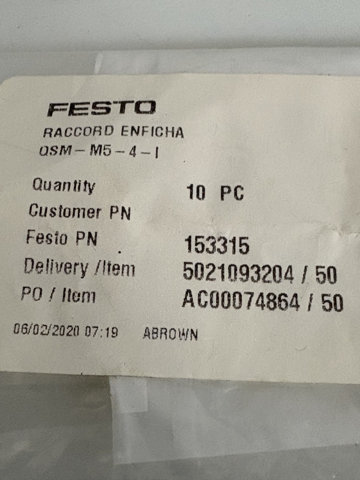 FESTO PUSH IN FITTING BAG OF 10