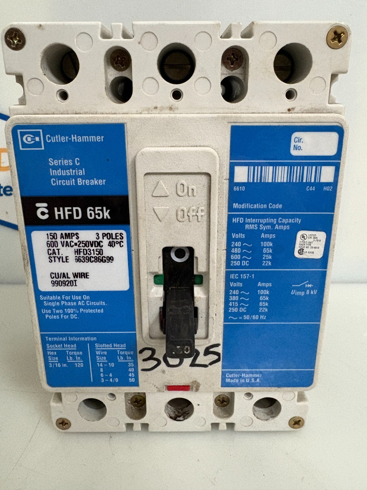 EATON CUTLER HAMMER 150 AMP CIRCUIT BREAKER HFD31501