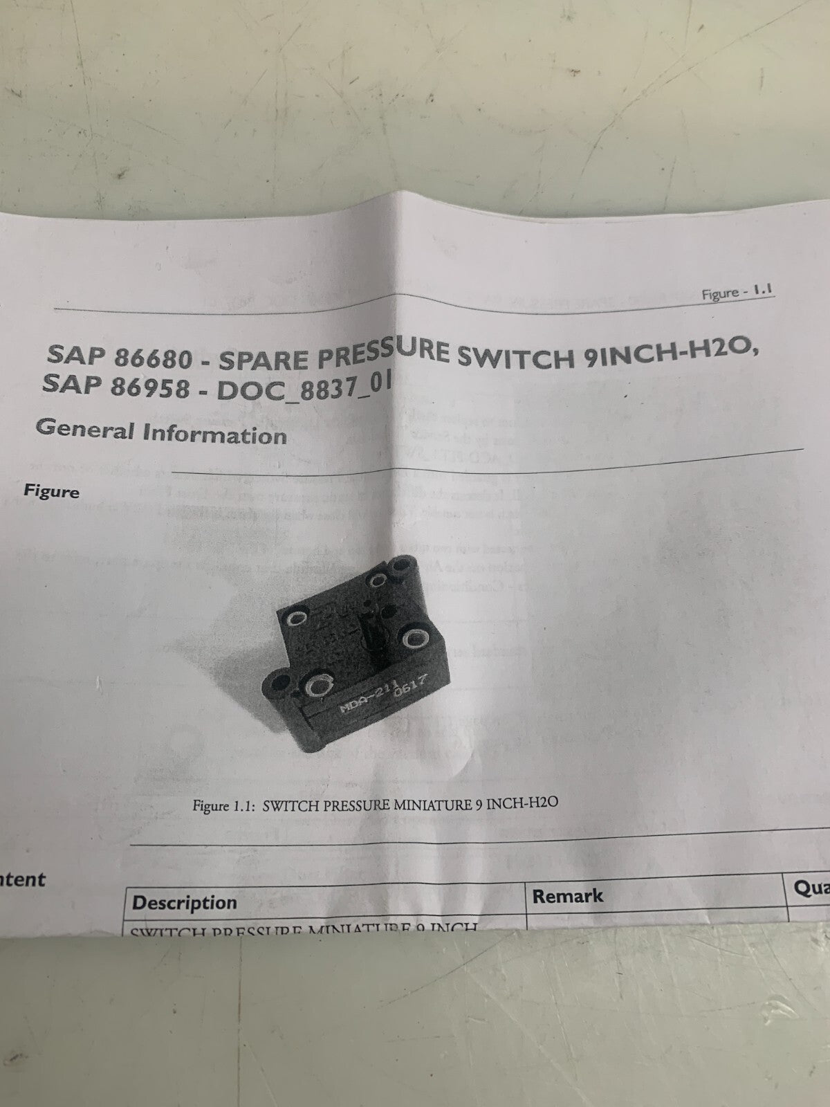 XEIKON   Spare Pressure Switch  9INCH-H20   86680