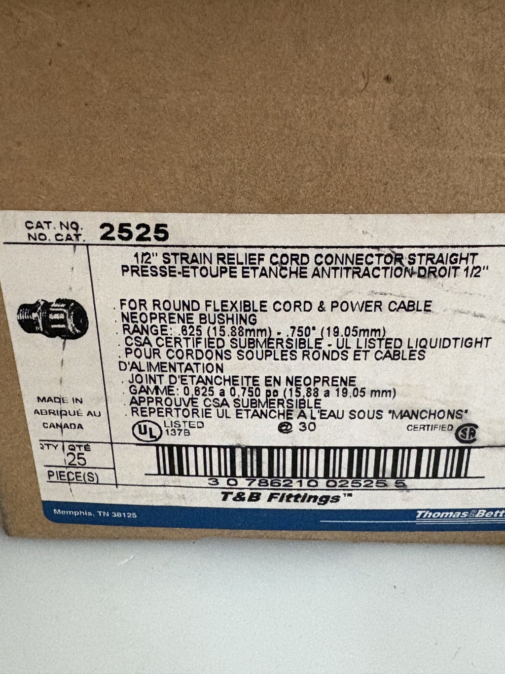 LOT OF 18 THOMAS & BETTS 1/2 STRAIN RELIEF STRAIGHT CORD CONNECTOR #25252