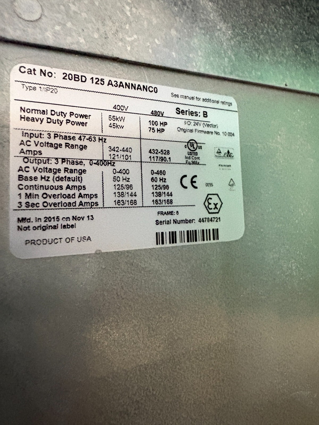 ALLEN BRADLEY POWER FLEX 700 100 HP 20BD 125 A3ANNANC0 SERIE B TYPE 1/1P208