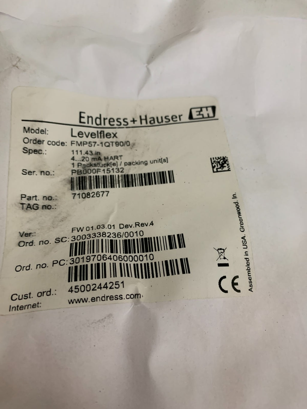 ENDRESS & HAUSER TIME OF FLIGHT LEVELFLEX TRANSMITTER FPM57-1QT90/03