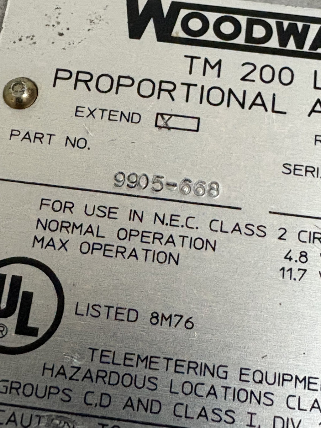 WOODWARD TM 200 LP PROPORTIONAL ACTUATOR #9905-668