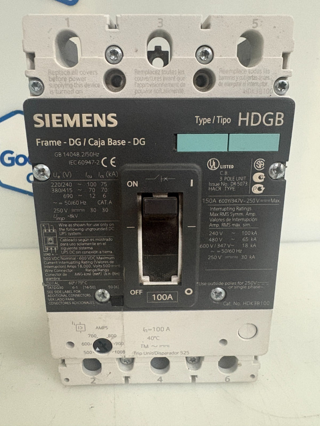 SIEMENS ADJUSTABLE 100A CIRCUIT BREAKER HDGB HDK3B1001