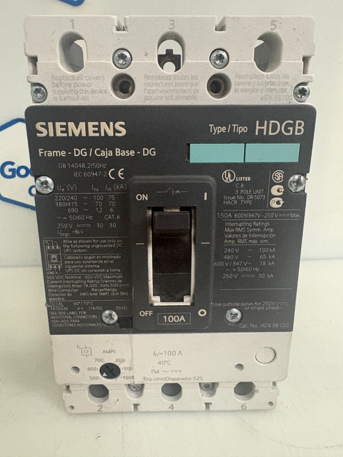 SIEMENS ADJUSTABLE 100A CIRCUIT BREAKER HDGB HDK3B1001