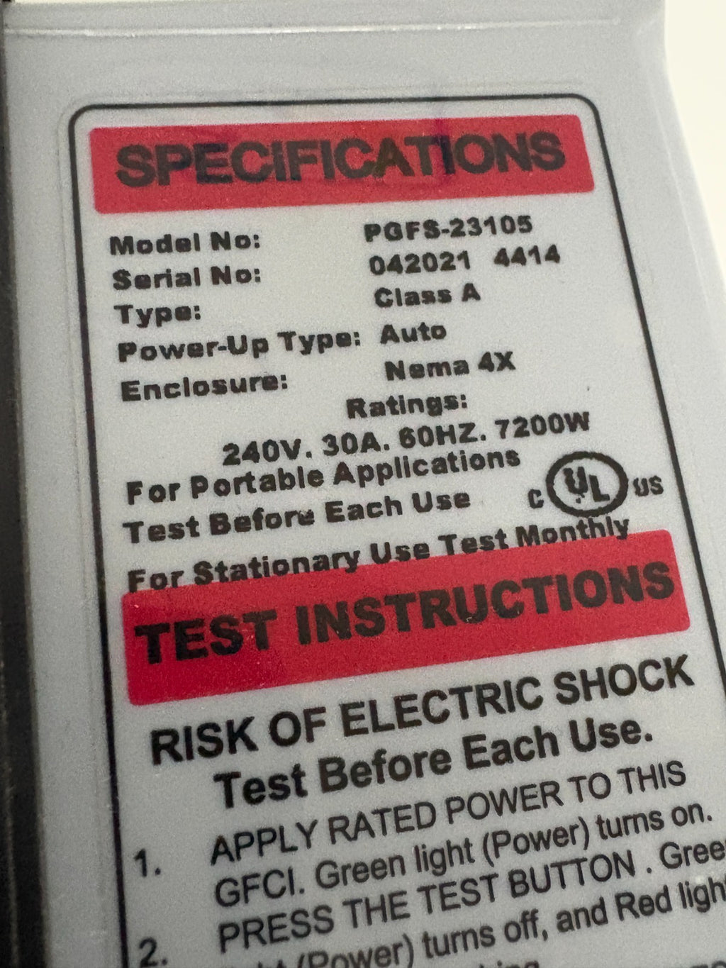 NORTH SHORE SAFETY GROUND FAULT CIRCUIT INTERRUPTER PGFS-231052