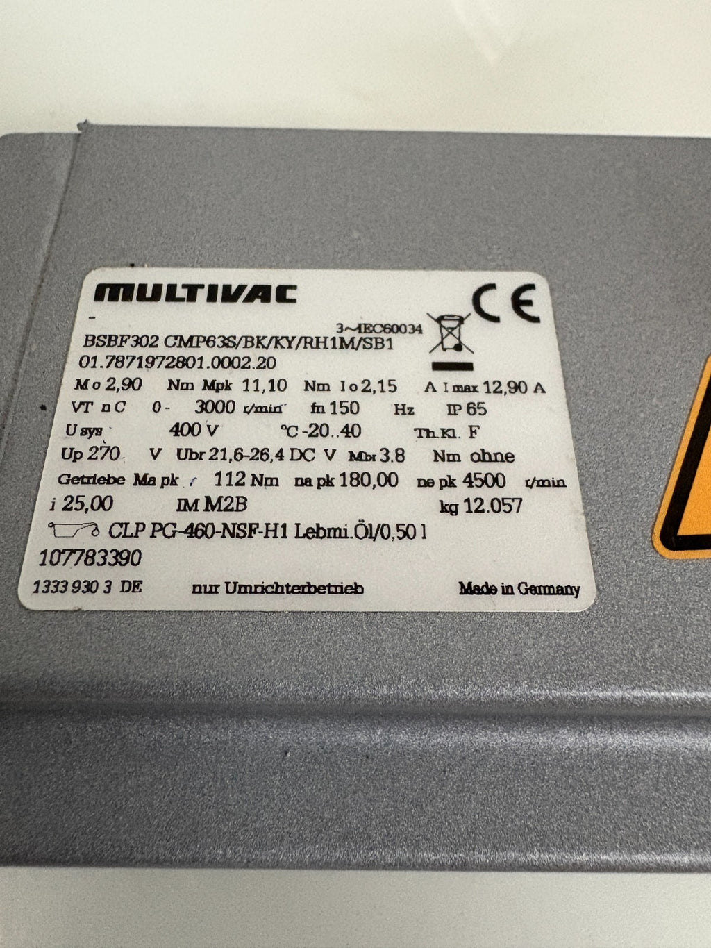 SEW MULTIVAC SERVOMOTOR BSBF302 CMP63S/BK/KY/RH1M/SB13