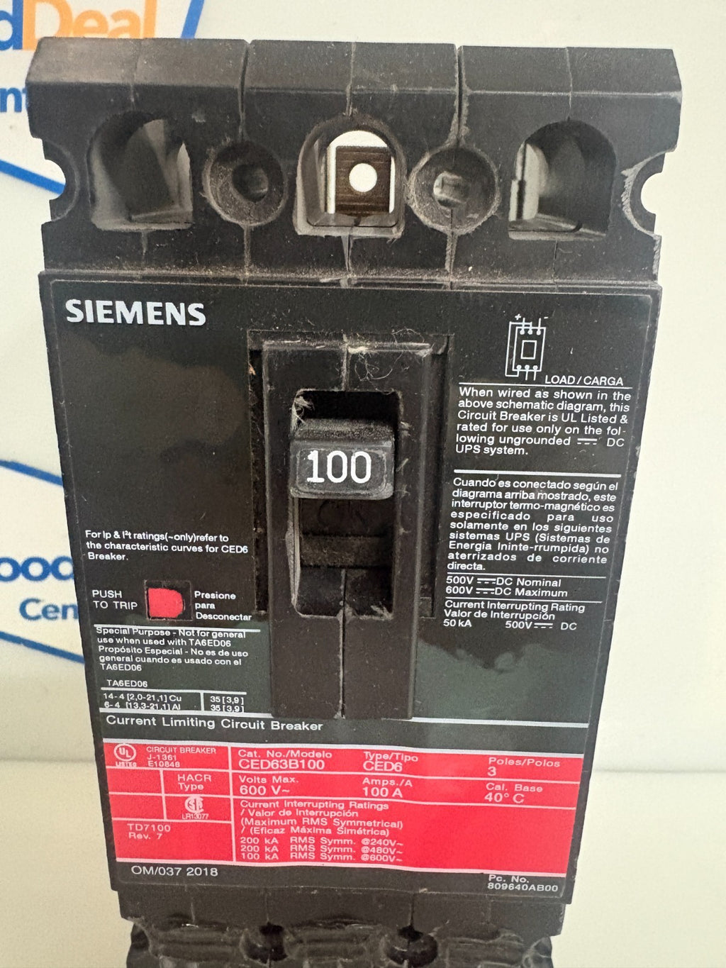 SIEMENS 100 AMP CIRCUIT BREAKER CED 63 B1001