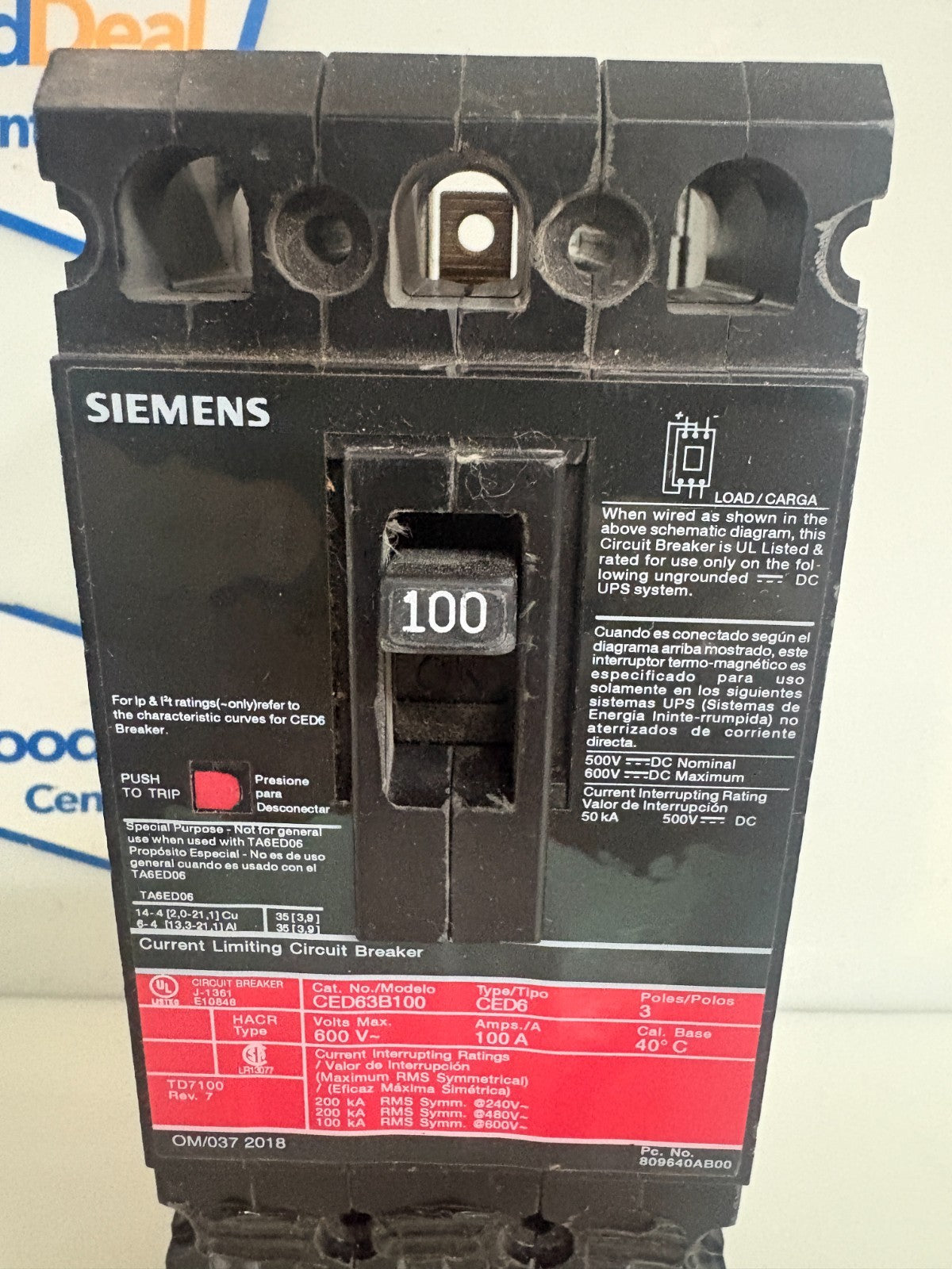 SIEMENS 100 AMP CIRCUIT BREAKER CED 63 B1001