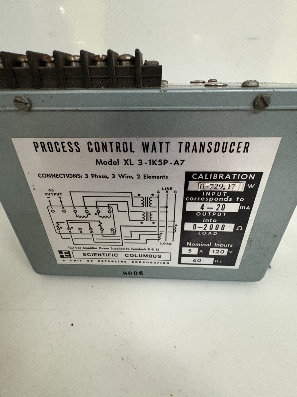 SCIENTIFIC COLUMBUS PROCESS CONTROL WATT TRANSDUCER XL 3-1K5P-A71
