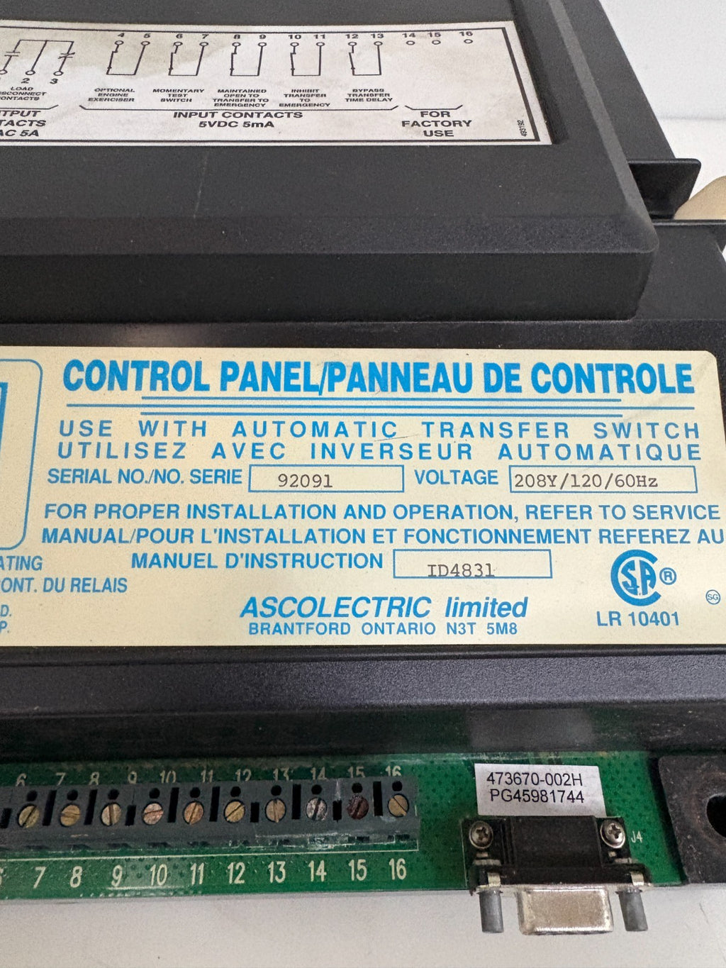 ASCOLECTRIC LTD CONTROL PANEL ID4831