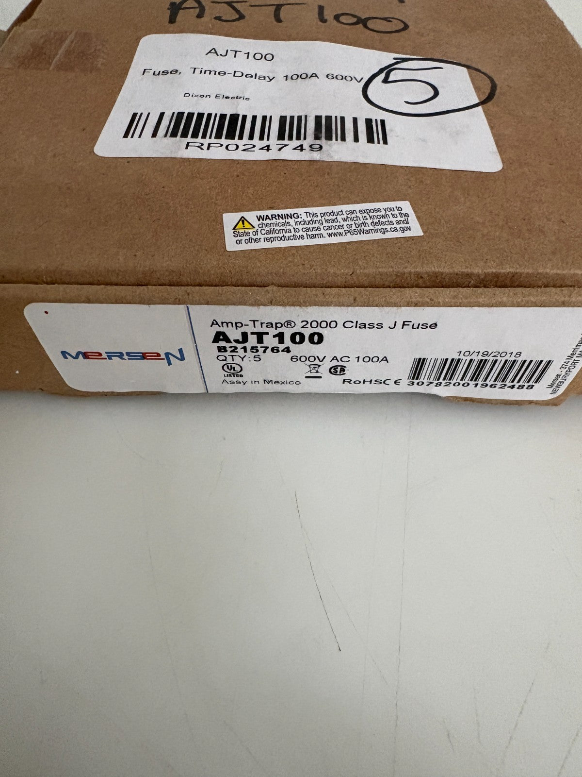BOX OF 5 MERSEN 100A 600V SMART SPOT TIME DELAY FUSE AJT 1002