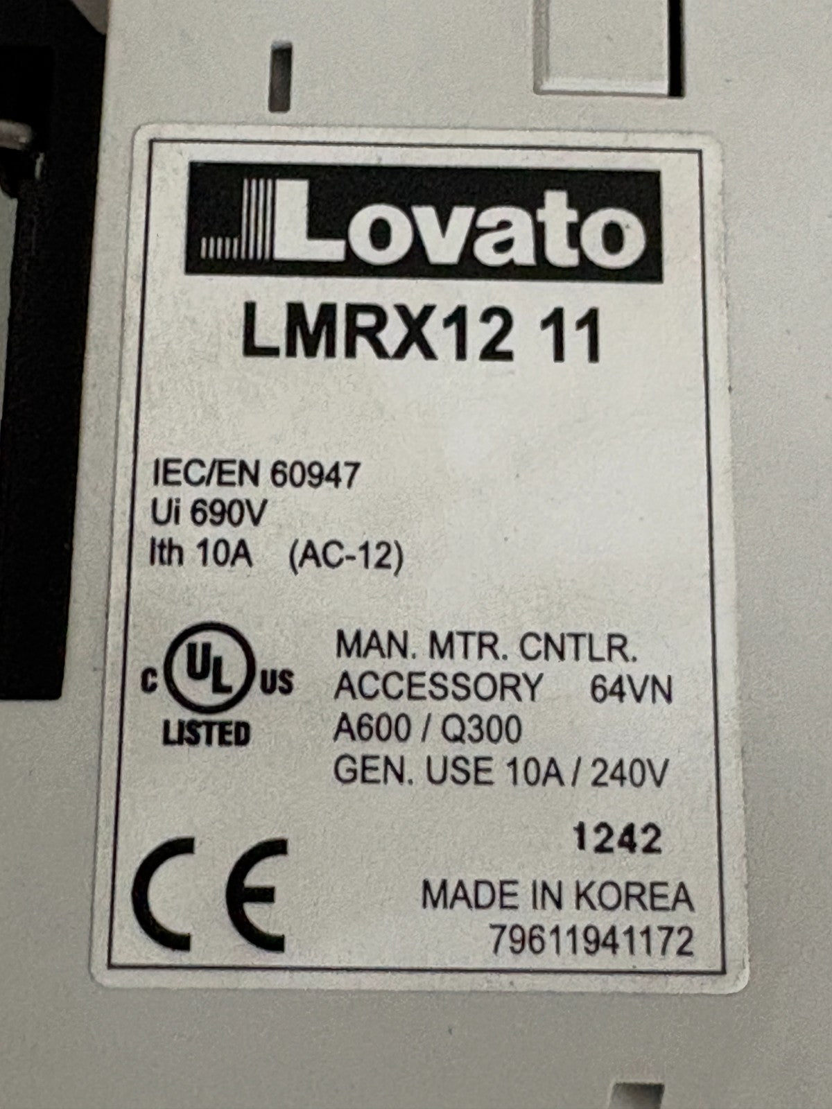 LOVATO MANUAL MOTOR CONTROLLER LMR32 W/LOVATO LMRX12 11