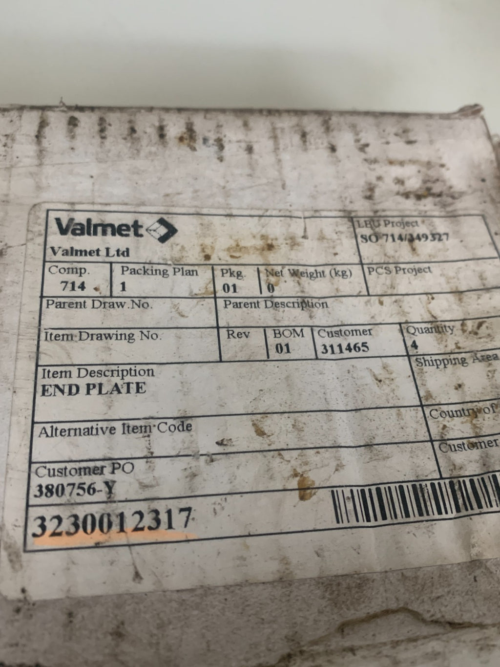 LOT OF 3 VALMET END PLATE #3230012317