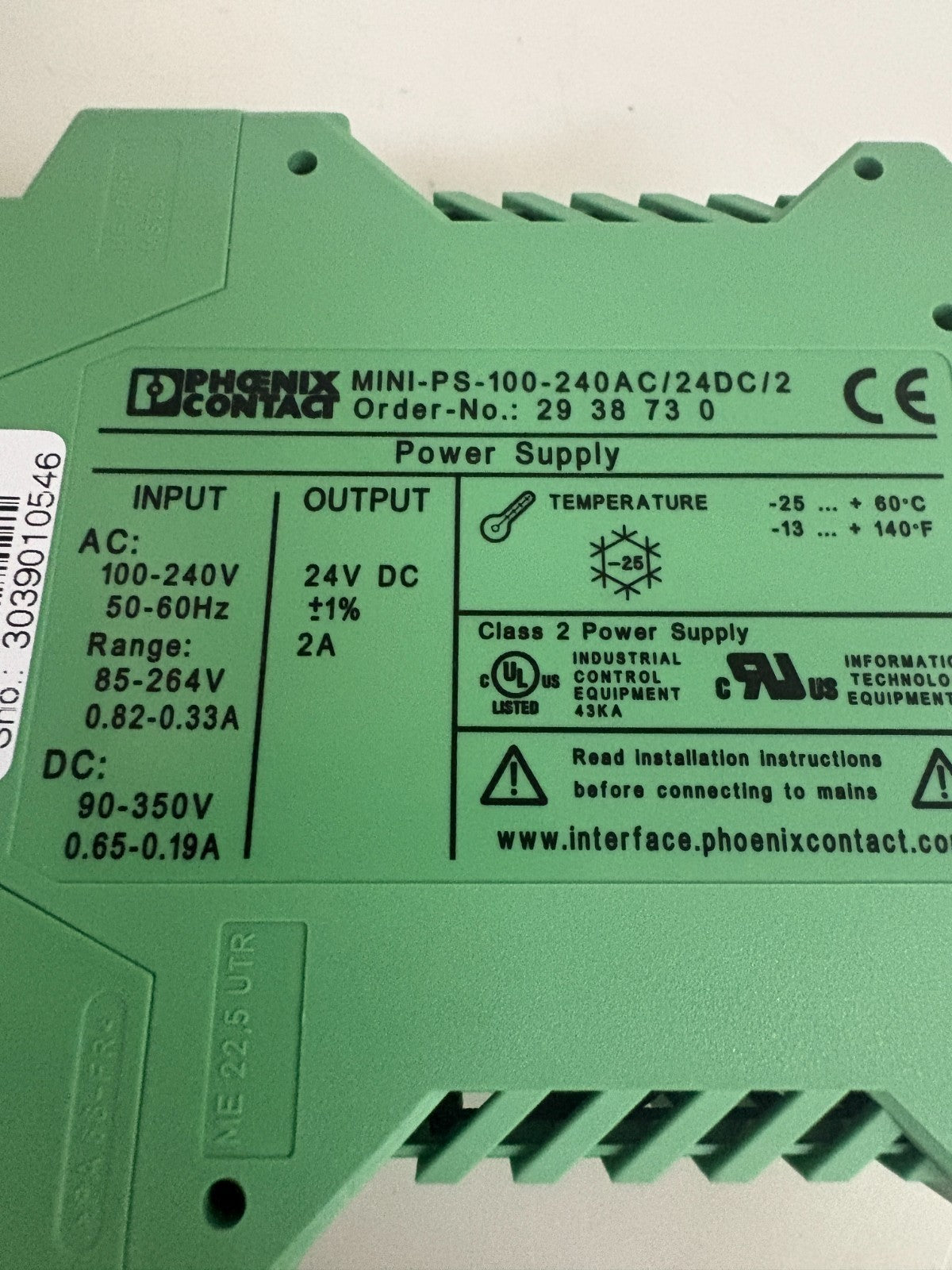 PHOENIX CONTACT SWITCHING POWER SUPPLY MINI-PS-100-240AC/24DC/22