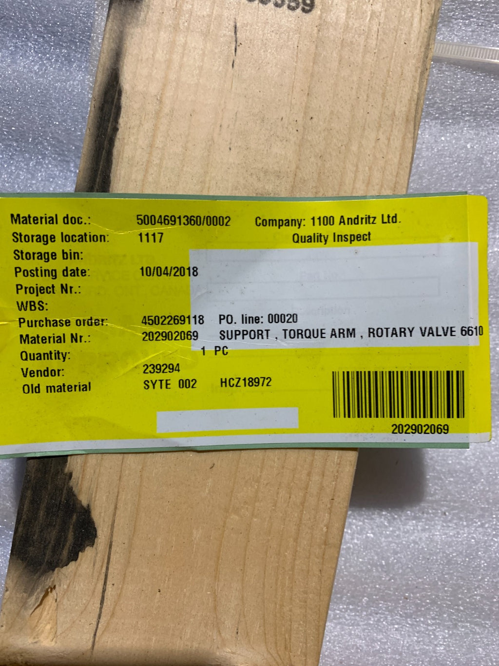 ANDRITZ TORQUE ARM ROTARY VALVE SUPPORT 6610 5004691360/00023