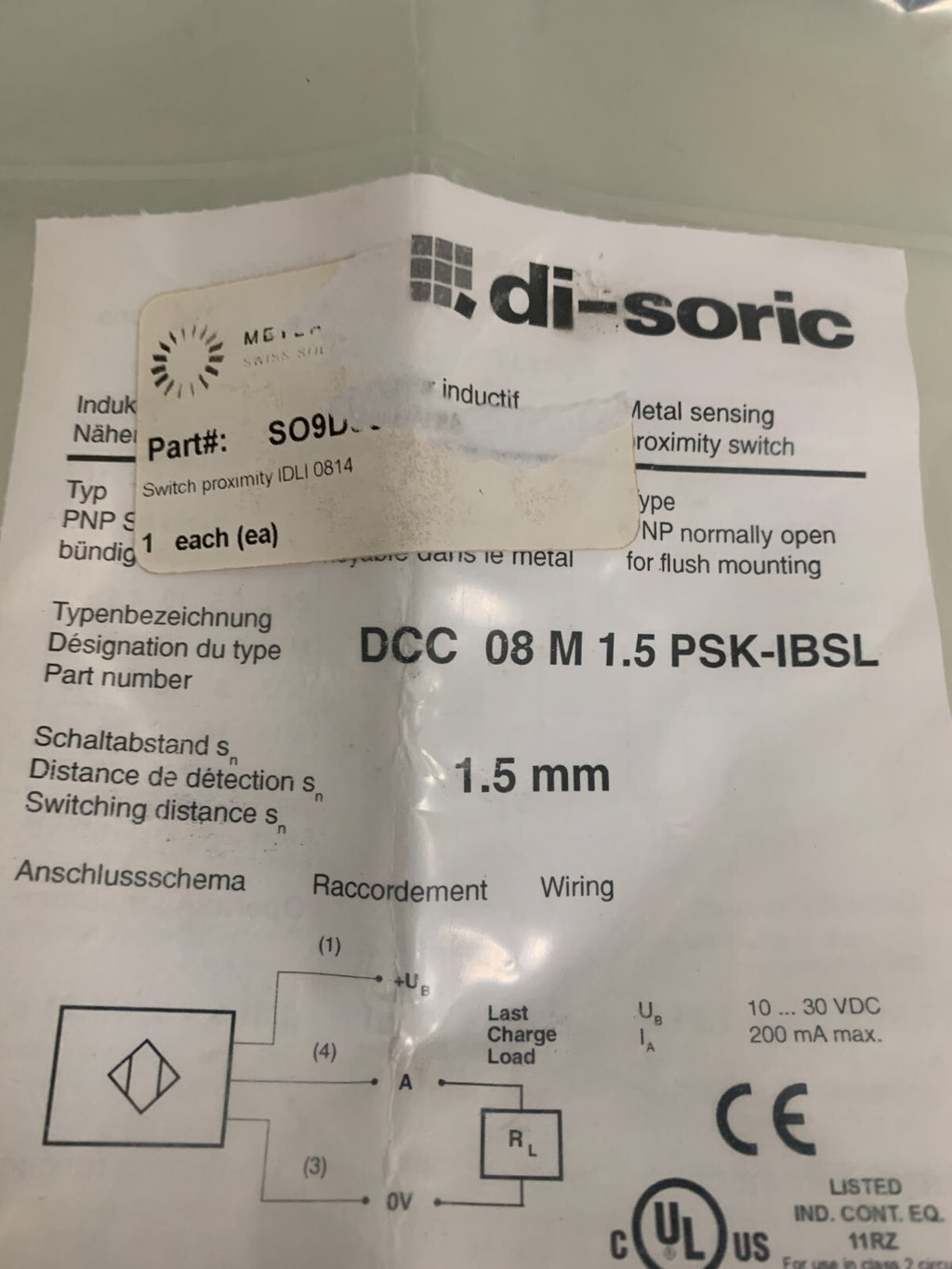 DI-SORIC METAL SENSING PROXIMITY SWITCH DCC 08 M 1.5 PSK - IBSL2