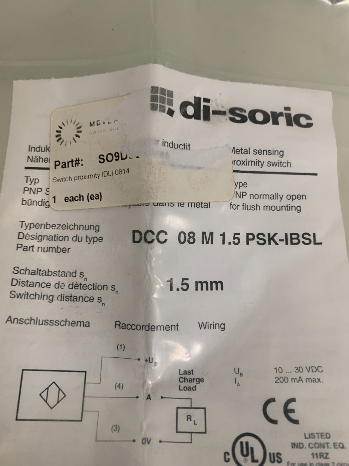 DI-SORIC METAL SENSING PROXIMITY SWITCH DCC 08 M 1.5 PSK - IBSL2