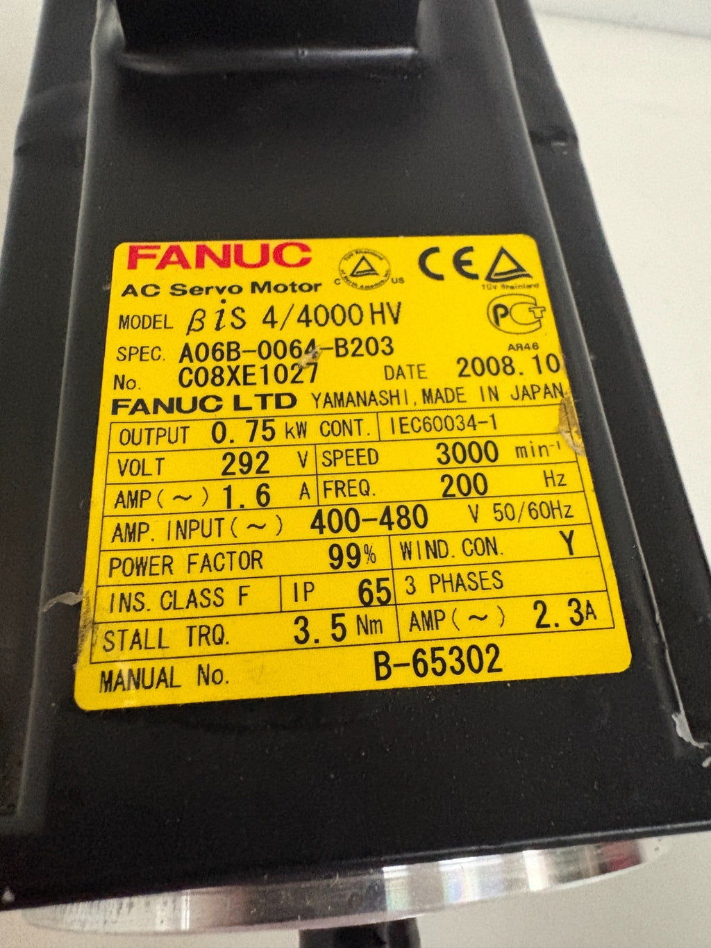 GE FANUC AC SERVO MOTOR BIS 4/4000 HV A 06B-0064-B203 C08XE1027