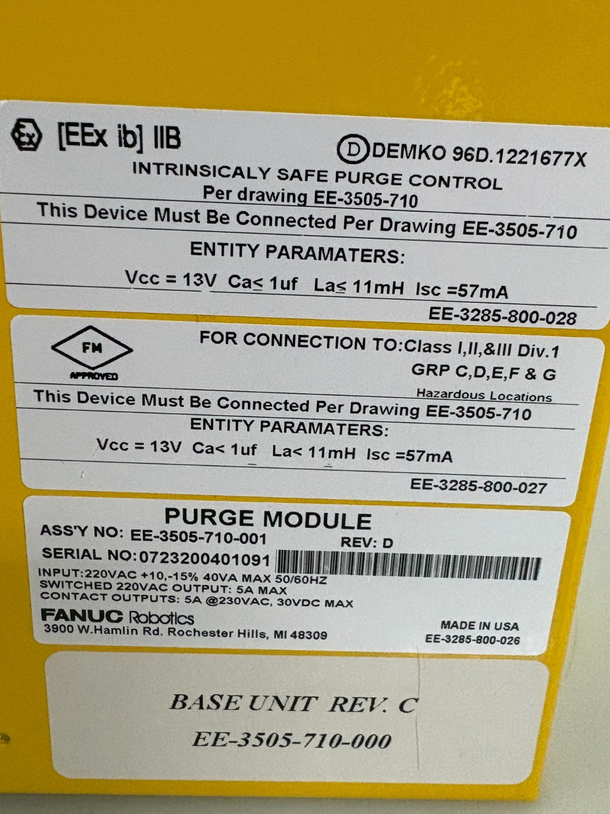 FANUC PURGE MODULE EE-3505-710-001 REVD