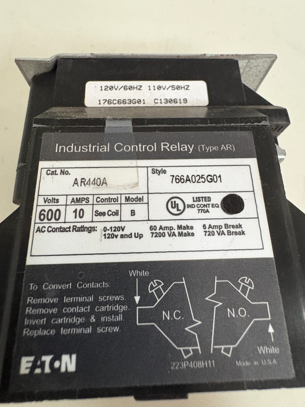 EATON INDUSTRIAL CONTROL RELAY AR440A 766A025G01