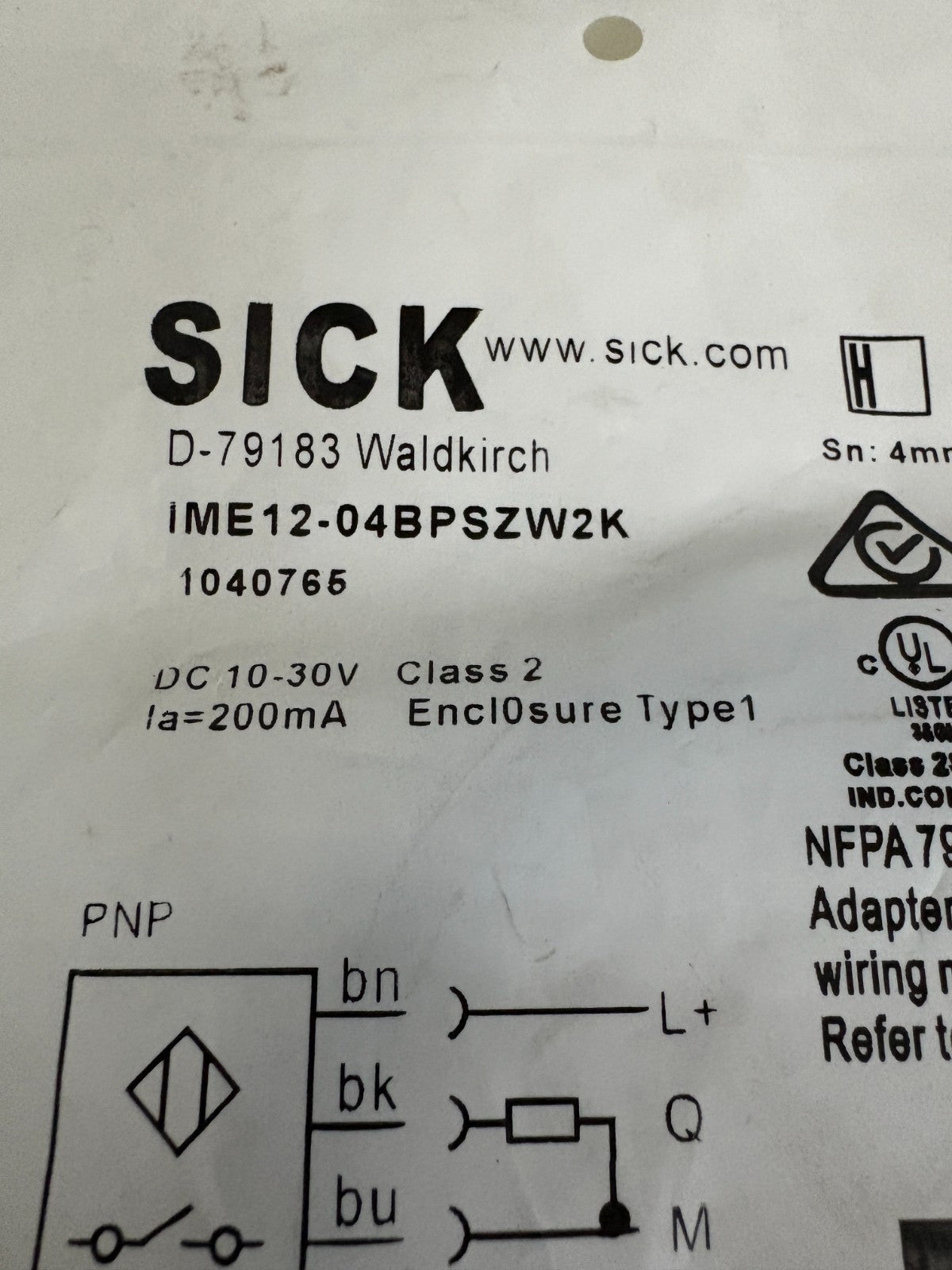 SICK PHOTO ELECTRIC SENSOR IME12-04BPSZW2K2