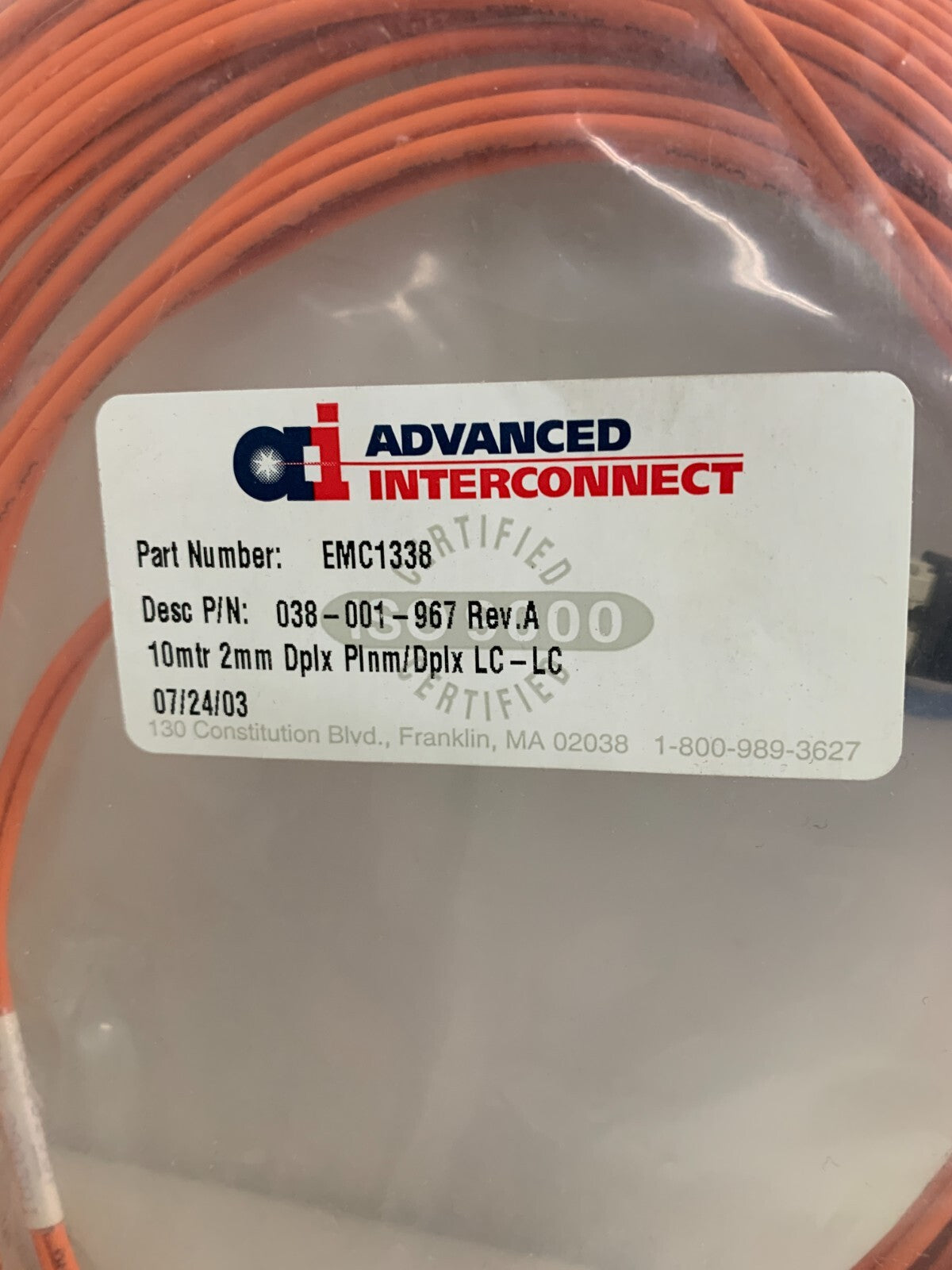 ADVANCED INTERCONNECT FIBER OPTIC CABLE EMC1338 038-001-967 REV A1