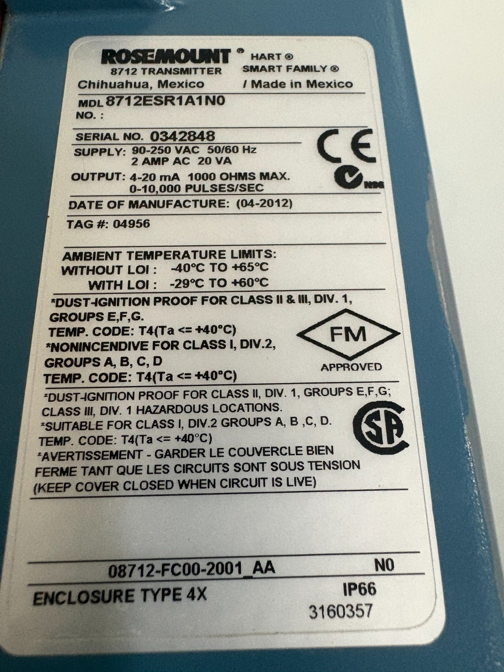 ROSEMOUNT SMART FAMILY TRANSMITTER 8712ESR1A1N0