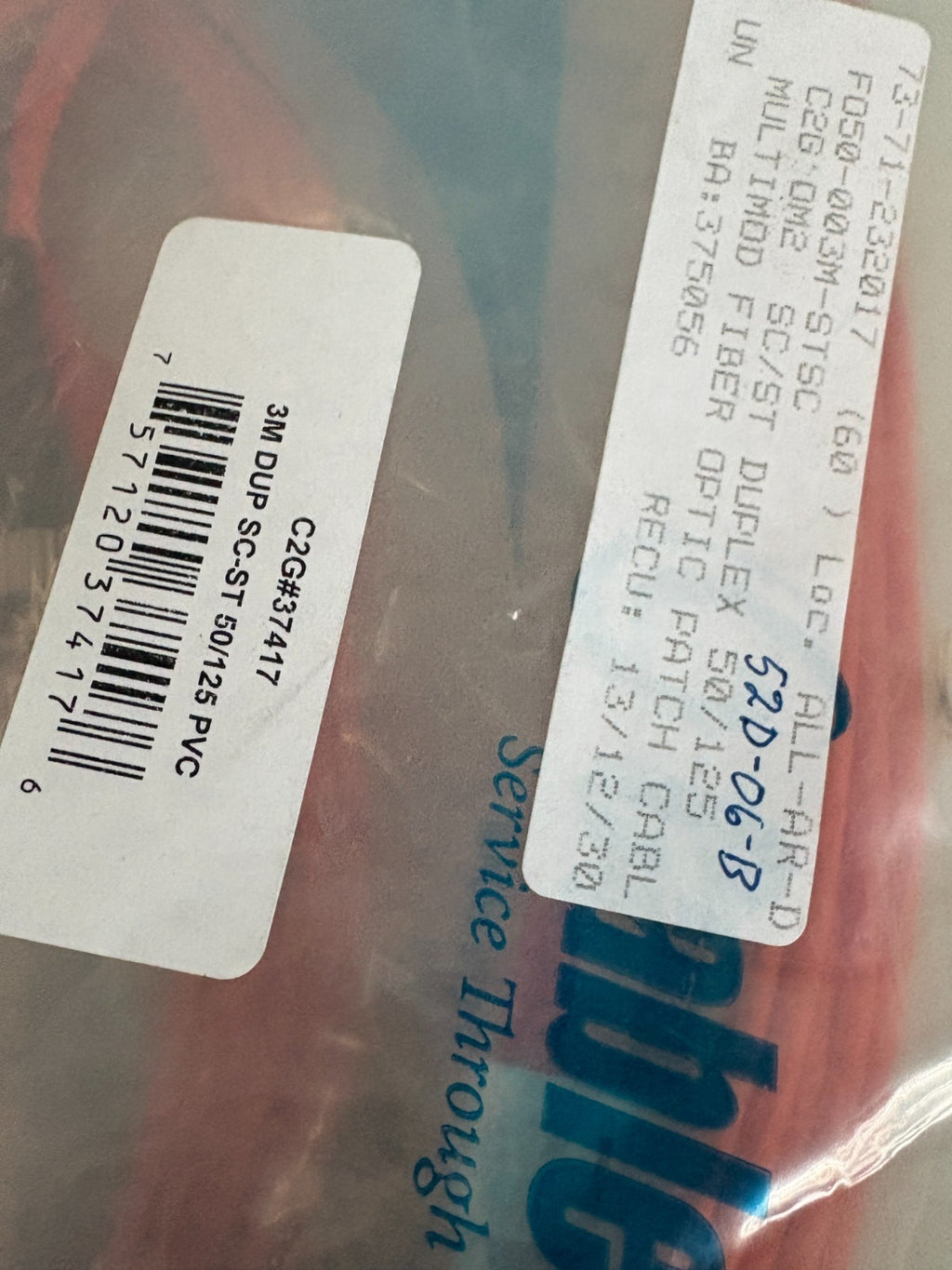 C2G MULTIMODE OPTIC FIBER CABLE MIX LOT 2X#37401 2M 1X#37430 1M 2X#37417 3M3