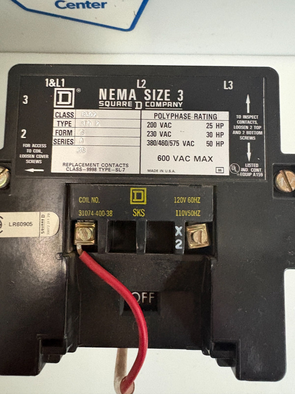 SQUARE D MOTOR STARTER SIZE 3 600V SEO 2