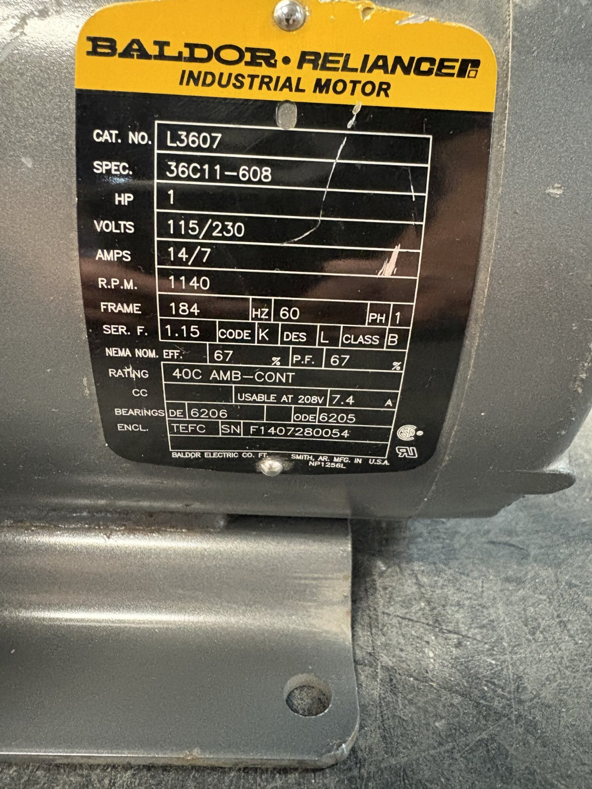 BALDOR RELIANCER MOTOR 1HP 1140 RPM L3607 SPEC 36C11-608