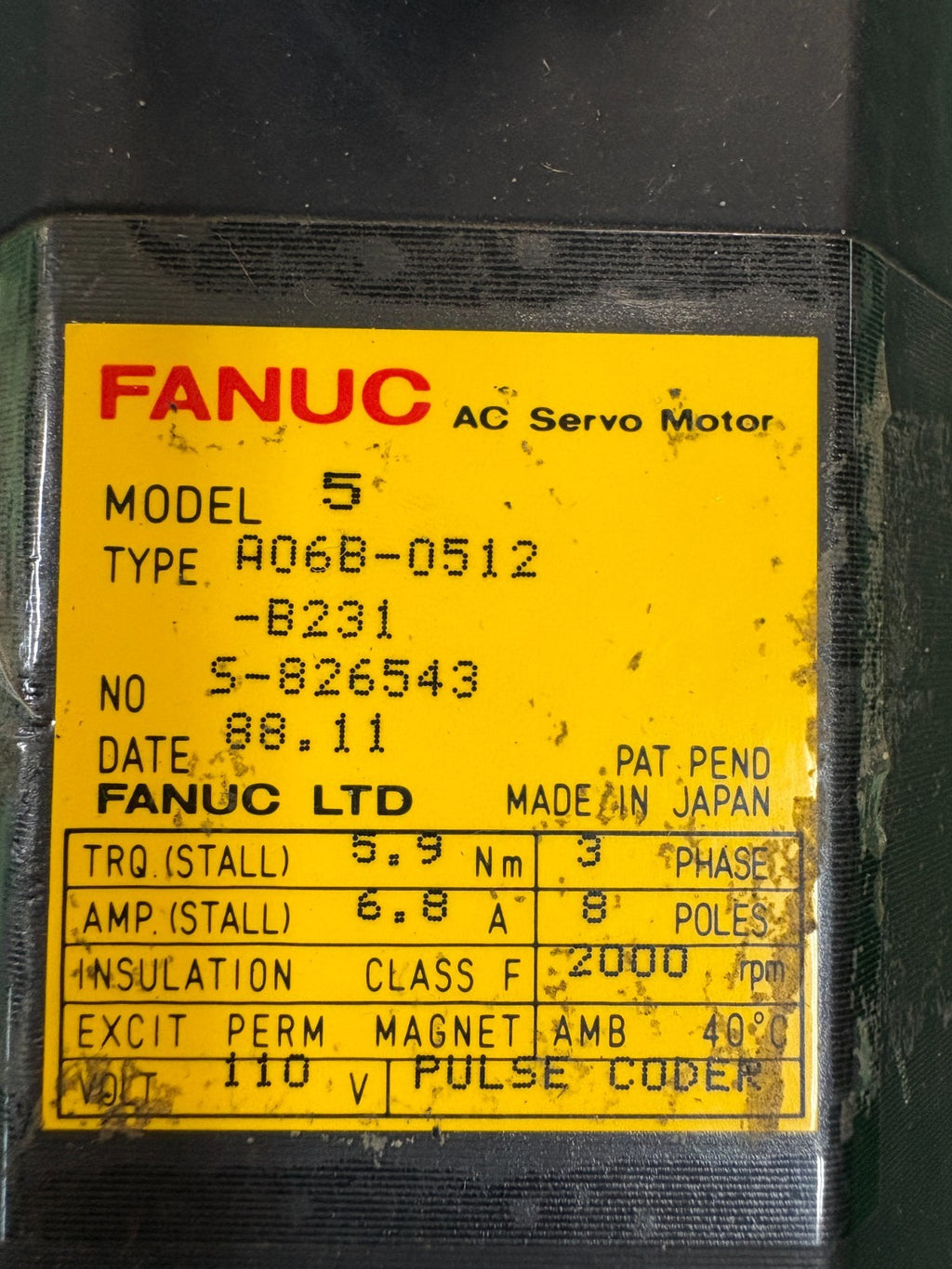 GE FANUC MODEL 5 PERMANENT MAGNET AC SERVO MOTOR A06B-0512-B231