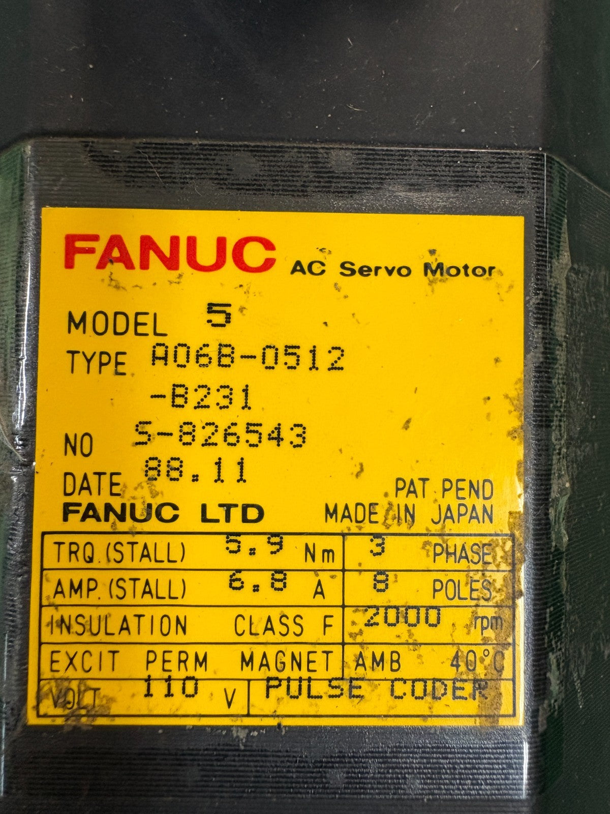 GE FANUC MODEL 5 PERMANENT MAGNET AC SERVO MOTOR A06B-0512-B231