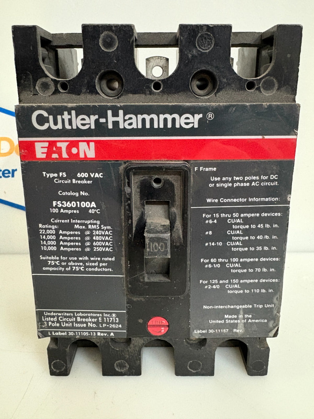 EATON CUTLER HAMMER 100 AMP CIRCUIT BREAKER FS360100A
