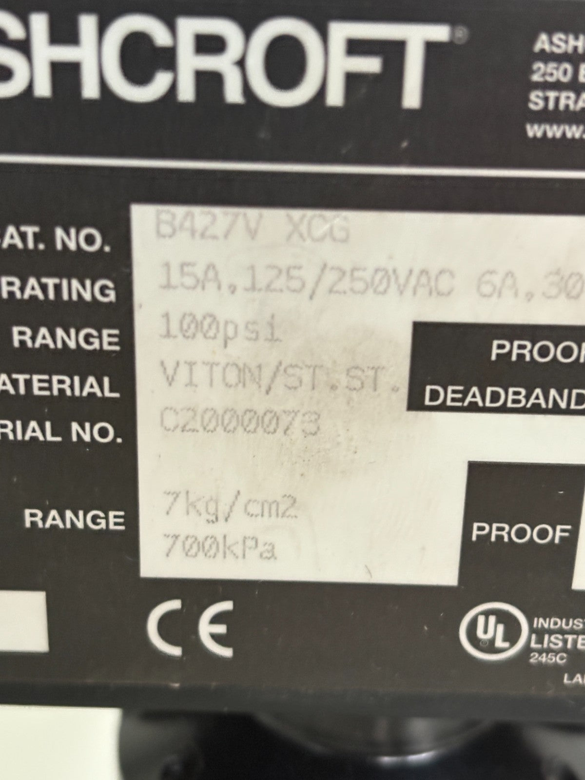 ASHCROFT PRESSURE SWITCH B427V X0G W/SENSOR HOLDER
