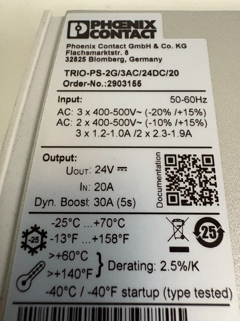 PHOENIX CONTACT POWER SUPPLY TRIO-PS-2G/3AC/24DC/20