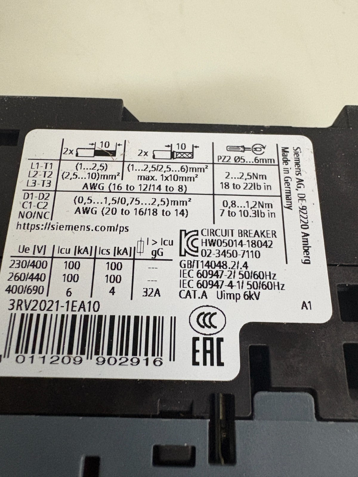 SIEMENS CIRCUIT BREAKER 3RV2021-1EA10