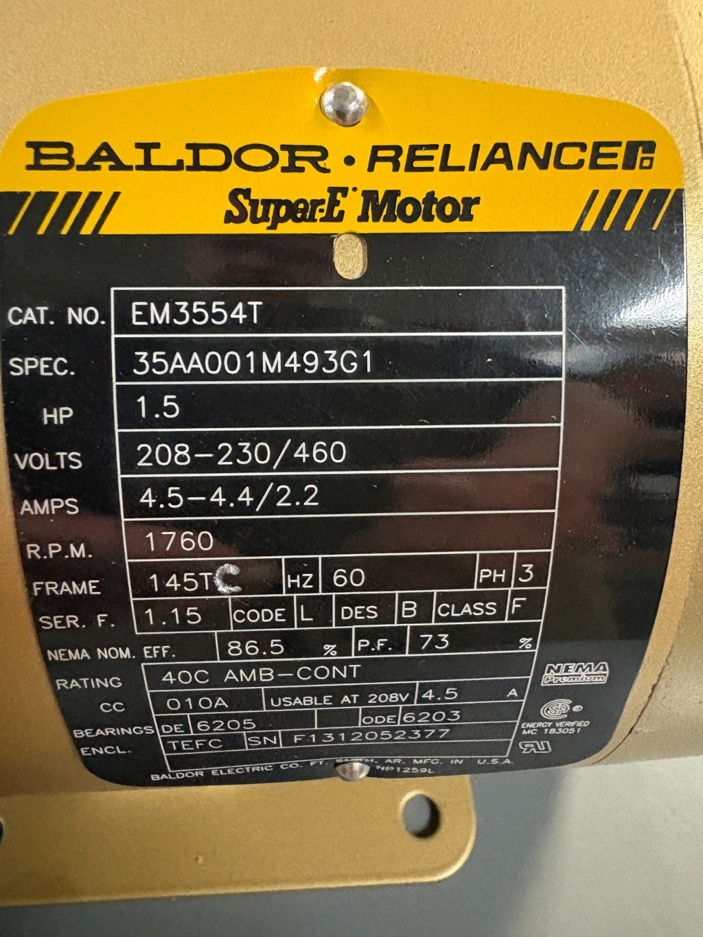 BALDOR RELIANCE SUPER E MOTOR 1.5HP EM3554T