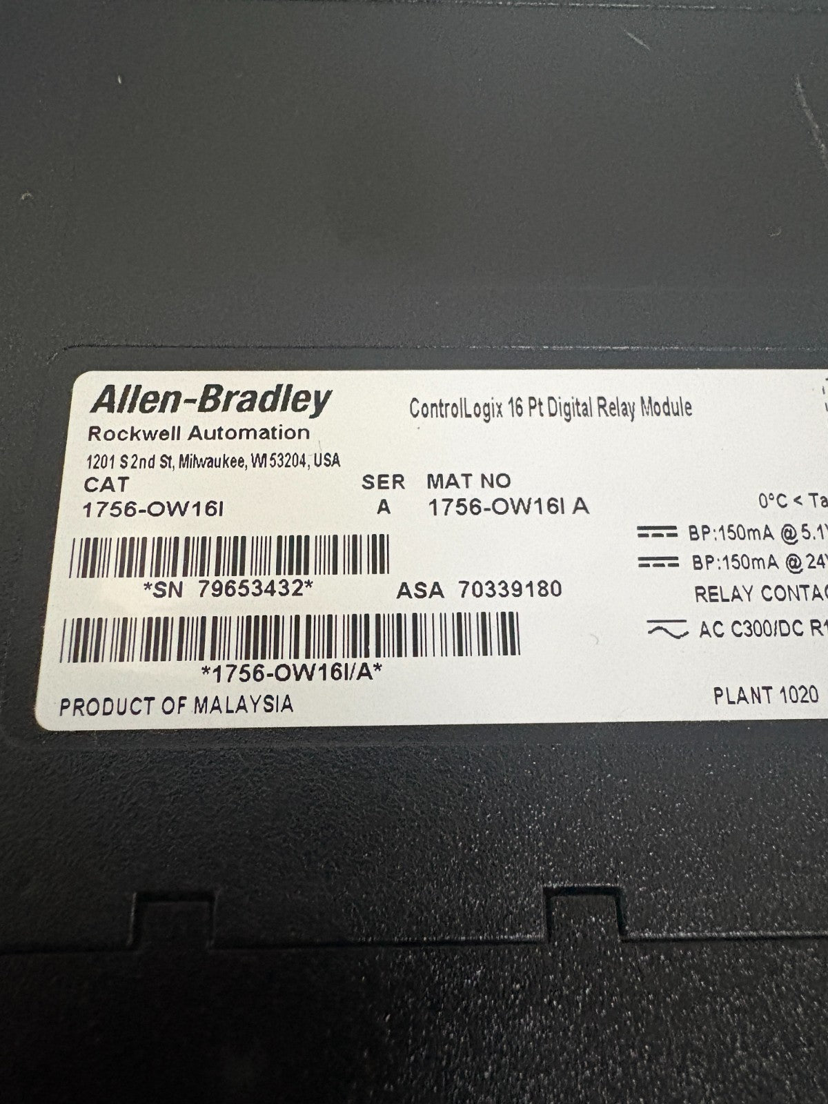 ALLEN BRADLEY OUTPUT RELAY CONTROL LOGIX 16PT DIGITAL RELAY MODULE 1756-0W16I A3