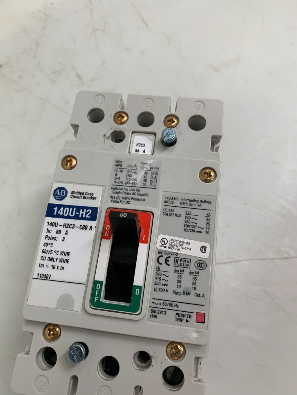 ALLEN-BRADLEY 140U-H2C3-C80 A Circuit Breaker  w/EATON  Trip Switch