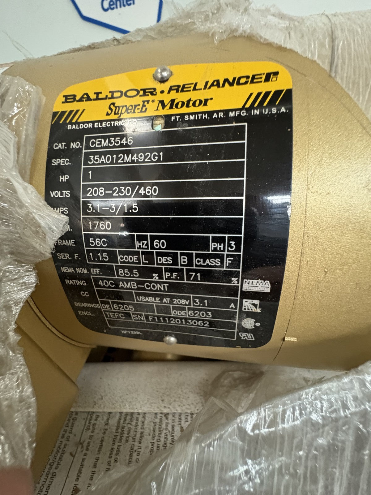 BALDOR RELIANCER SUPER E MOTOR 1HP 3PH #CEM3546