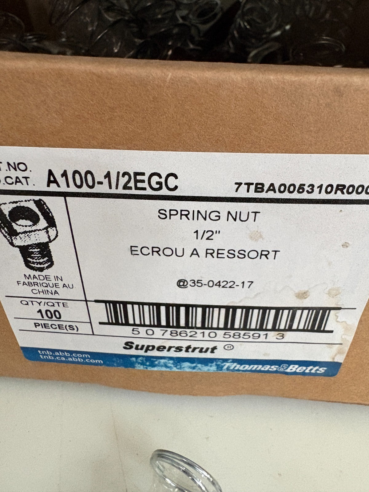ABB THOMAS & BETTS SUPERSTRUT 1/2 SPRING NUT A 100-1/2 EGC 100 PER BOX2