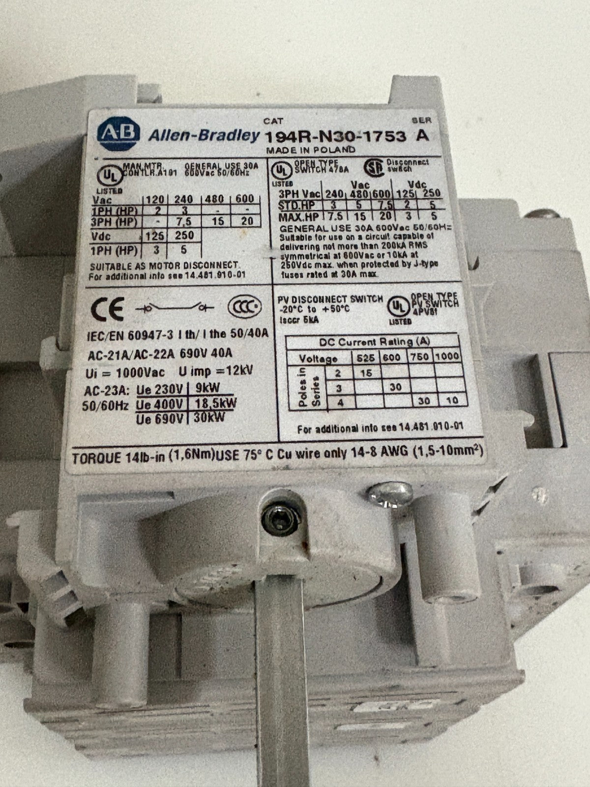 ALLEN BRADLEY DISCONNECT SWITCH 194R-N30-1753 A W/194R-PY A