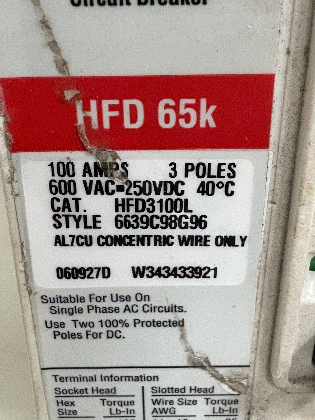 EATON CUTLER-HAMMER 100 AMP CIRCUIT BREAKER HFD3100L