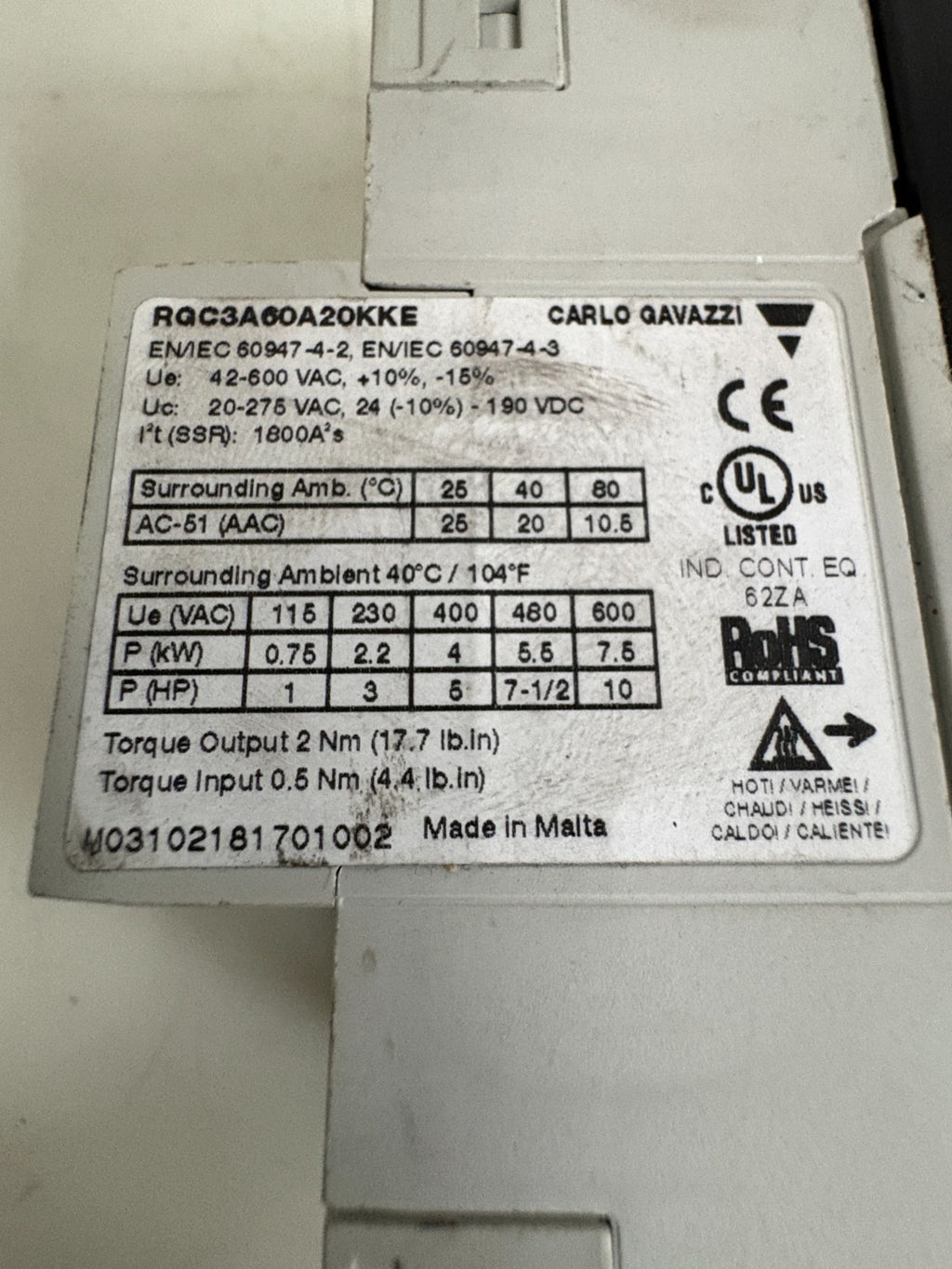 CARLO GAVAZZI RG SOLID STATE SWITCH RGC3A60A20KK22