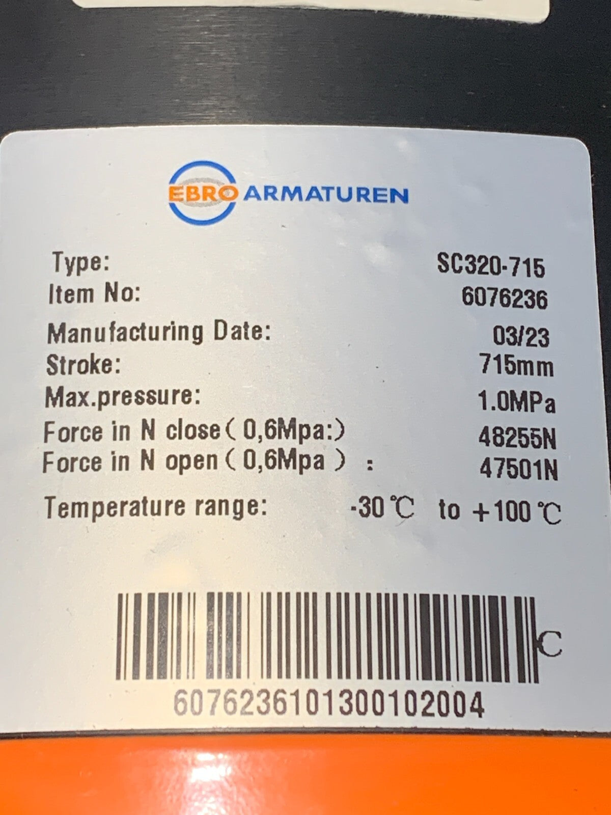 EBRO ARMATUREN DOUBLE ACTION PNEUMATIC ACTUATOR SC320-716 6076236
