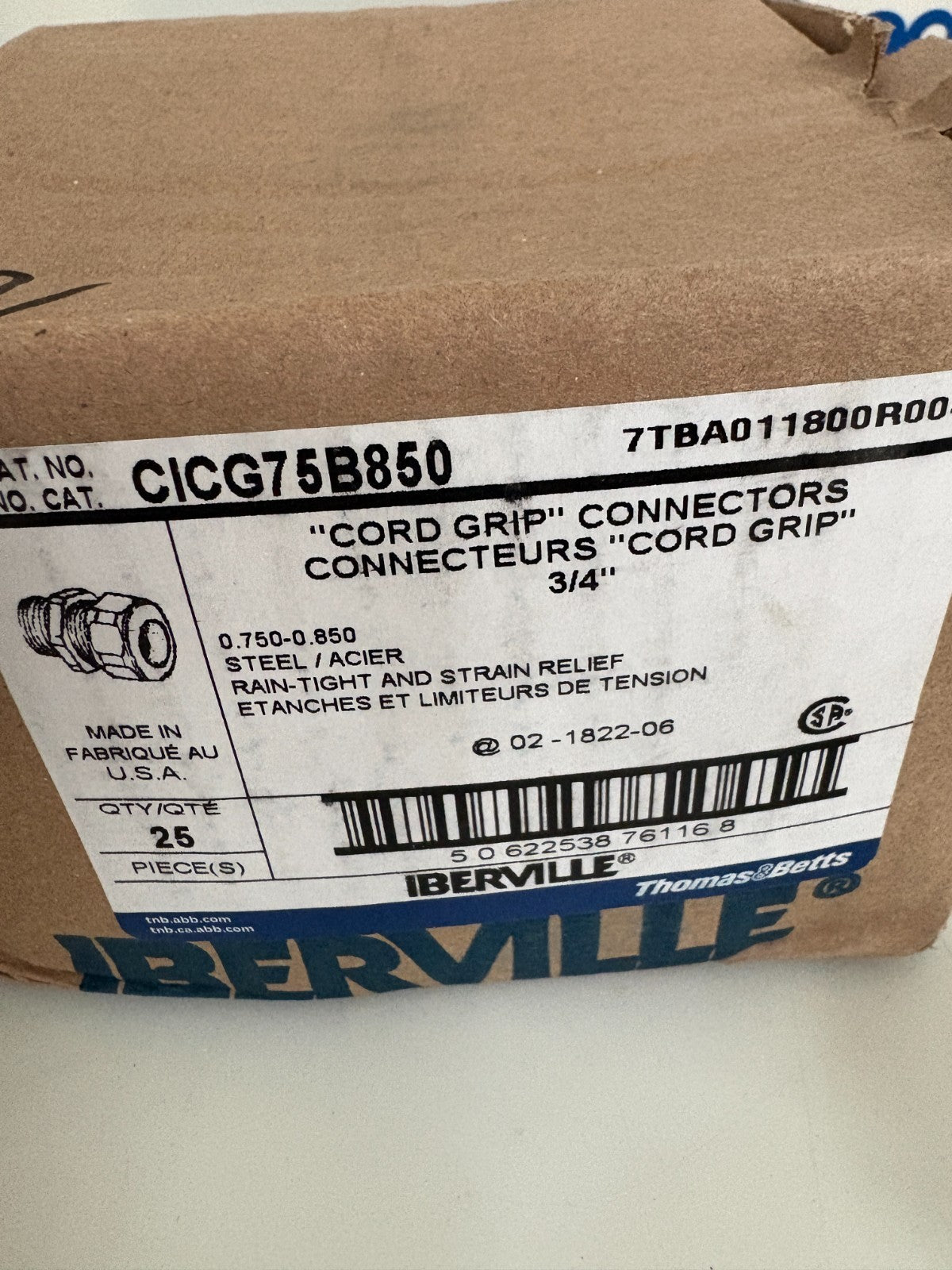 ABB THOMAS & BETTS 3/4 CORD GRIP CONNECTOR CICG75B850 25 PER BOX4